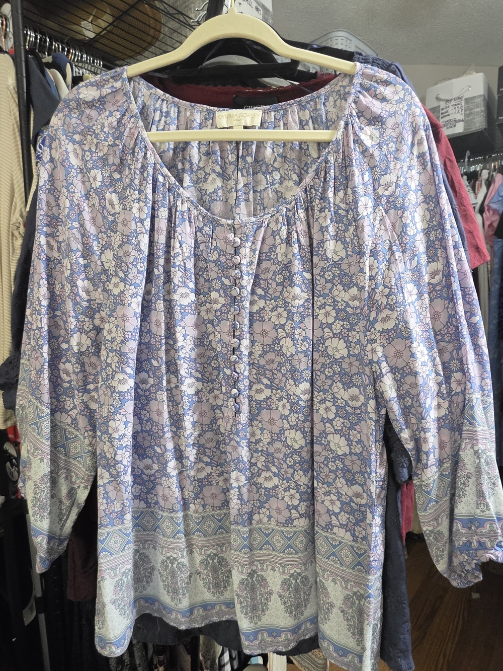 CYNTHIA ROWLEY Boho Floral Peasant Top - Lavender Blue